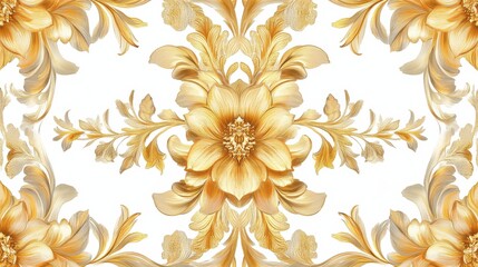 Elegant Floral Pattern with Golden Flowers on White Background