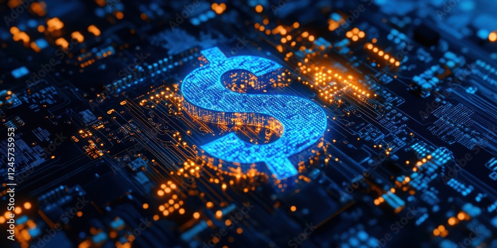 Poster digital dollar sign on circuit board background with glowing binary data and bright lights represent