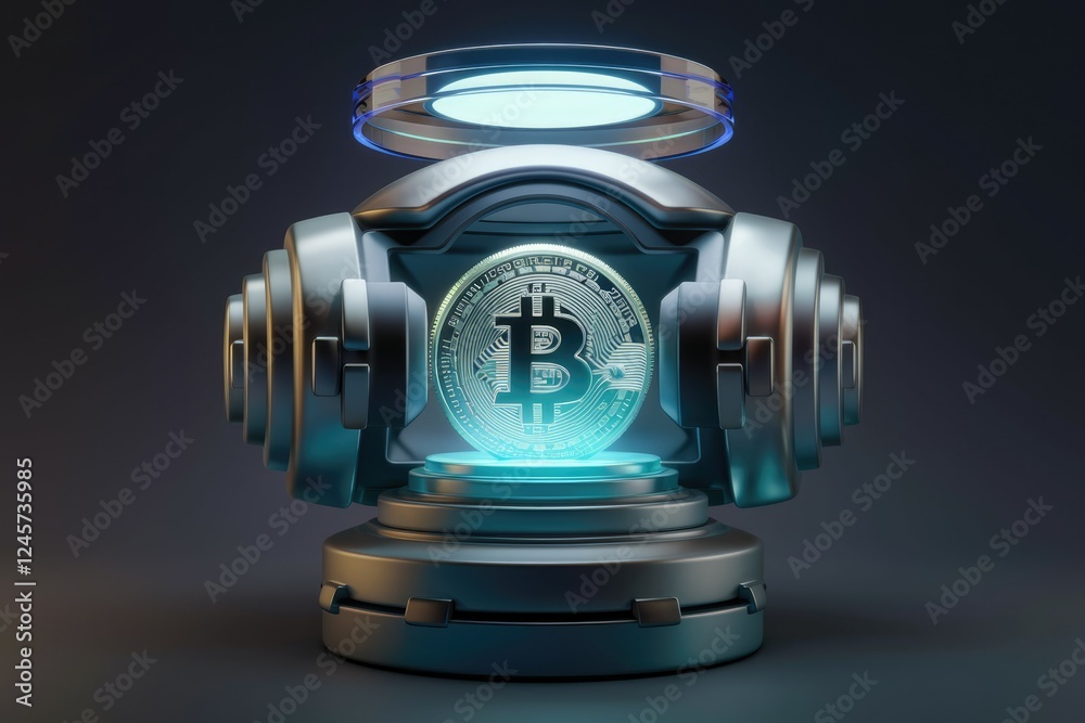 Poster futuristic metallic device showcasing a glowing bitcoin, symbolizing cryptocurrency security and inn
