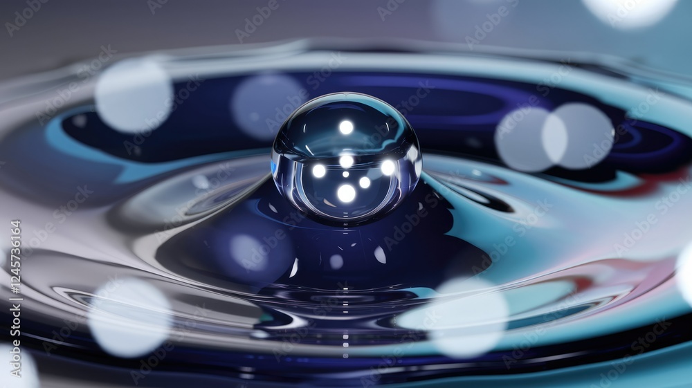 Poster a crystal-clear water droplet creates mesmerizing ripples on a dark, reflective surface, illuminated