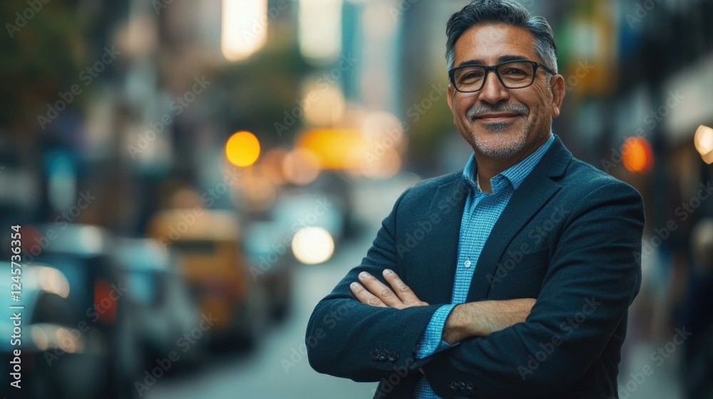 Canvas Prints A man in a business suit standing confidently with his hands on hips, smiling at the camera. He appears to be posing for a professional headshot against a blurred background of city traffic and