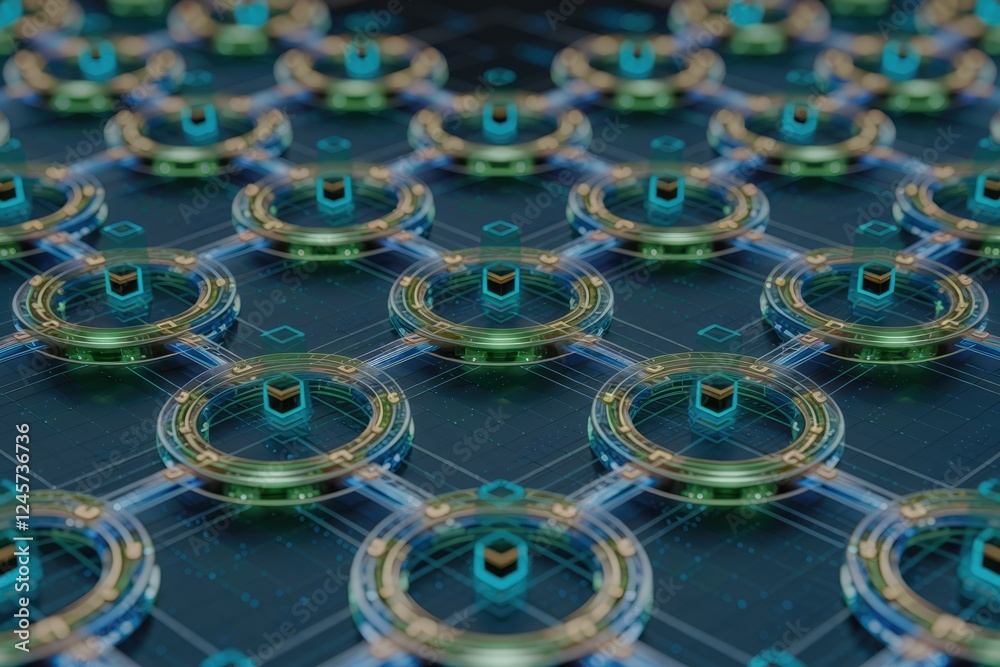 Poster Abstract representation of a decentralized network, showcasing interconnected nodes and data security.