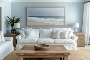 Coastal living room, white sofa, ocean art, calm decor, home design