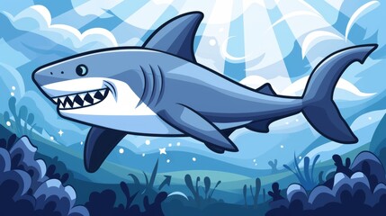 Naklejka premium Cartoon Great White Shark Swimming in Blue Water, Illustration of a Predatory Fish for Children
