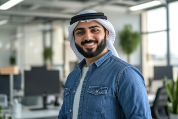 Naklejka premium A young man wearing a blue denim shirt and jeans stands confidently in an office environment, looking directly at the camera with a friendly smile.