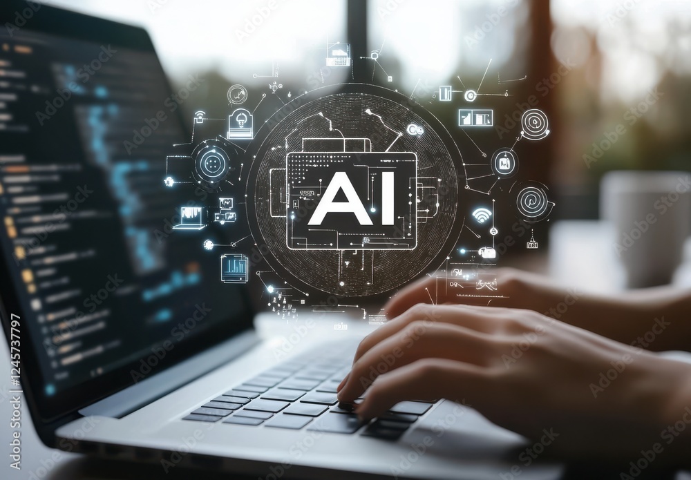 Aufkleber digital workspace with hands typing on laptop keyboard, displaying ai technology graphics and data a