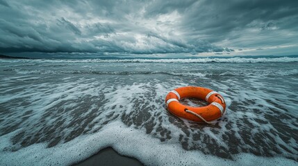 A bright orange lifebuoy lies abandoned on a damp sandy beach as heavy clouds rumble overhead. Waves crash fiercely, hinting at an approaching storm in the early evening light
