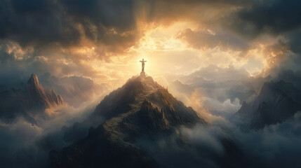 Sunlight shining through clouds over crucifix on mountain for religious symbolism