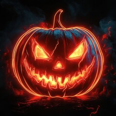 Halloween neon pumpkin with sinister expression on black background