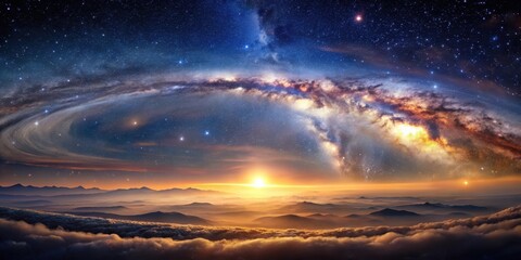 Fototapeta premium A breathtaking panorama of a celestial sunrise over a vast, ethereal mountain range, showcasing a vibrant, swirling galaxy in the twilight sky