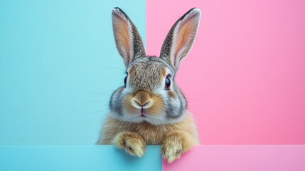 Fototapeta premium A playful animal concept featuring a bunny peeking over a pastel-colored background. Perfect for advertisements, banners, or cards with space for copy. Ideal for birthday party invitations