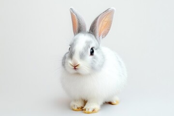 Obraz premium Fluffy White Rabbit with Gray Markings Soft Focus Isolated on White Background