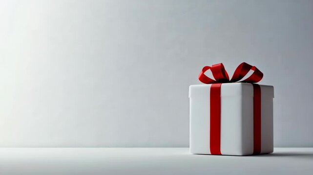 A white gift box wrapped with a red ribbon and bow, placed against a minimalist light grey background