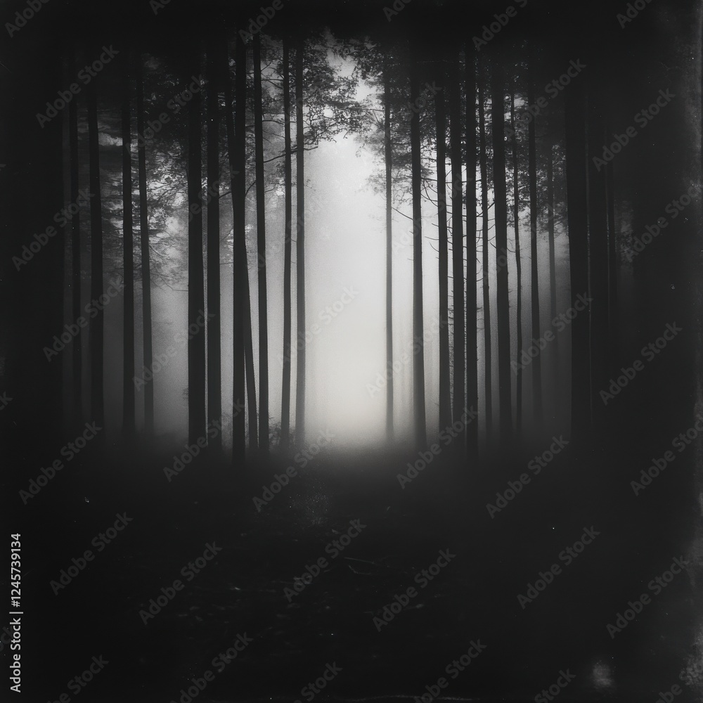 Wall mural black and white photo of trees in fog with soft light creating a moody forest atmosphere