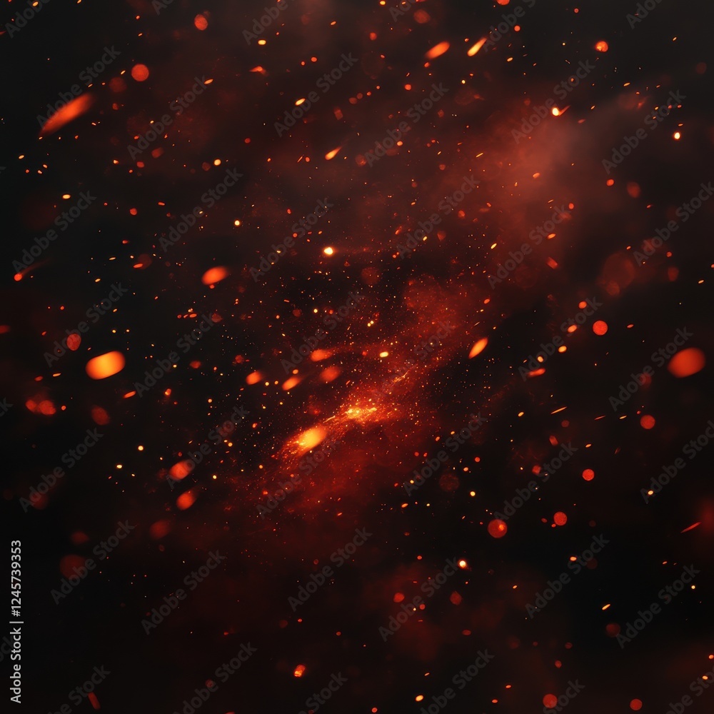 Poster dark red fire sparks floating in smoke with abstract blurred light background