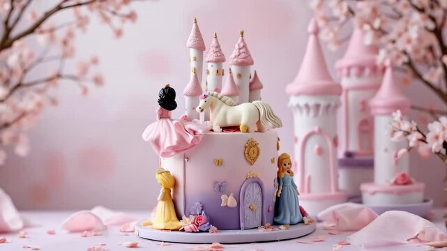 A cake with a castle and princesses on it