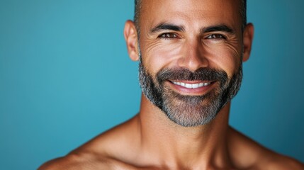 Fototapeta premium A man with a beard, mustache and goatee smiling at the camera.