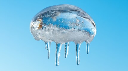 Melting ice blob against blue sky.