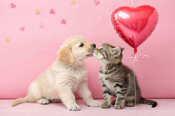 Puppy and kitty with heart shaped balloon Cute dog and cute cat with valentine day 