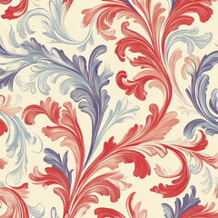 Floral pattern with red and blue swirls on cream background