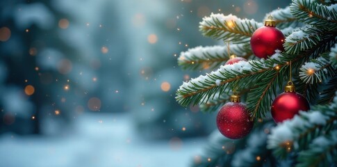 Sparkling snow-covered pine branches & ornaments, holiday, winter wonderland, new year