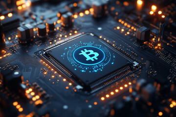 A blue Bitcoin logo on top of an indigo and black circuit board, glowing with light effects