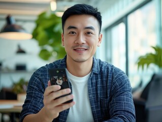 A young adult male holding up a smartphone to take a selfie, wearing a plaid shirt and smiling with a relaxed posture.