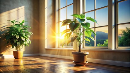 Fototapeta premium Golden Hour Sunlight Illuminates Lush Indoor Plants on Hardwood Floor by Window with a Scenic View