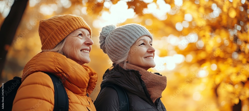 Wall mural Two senior women are embracing the beauty of golden autumn foliage in a park, taking a leisurely stroll and appreciating the vibrant fall colors, creating a serene and peaceful moment