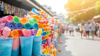 Vibrant Street Vendor Selling Colorful Water Guns