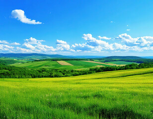 Obraz premium green grass, fields and hills to the horizon. bright blue sky. sunny day. summer landscape background.