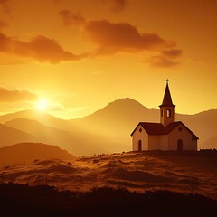 Fototapeta premium Serene Sunset over a Church in the Mountains.