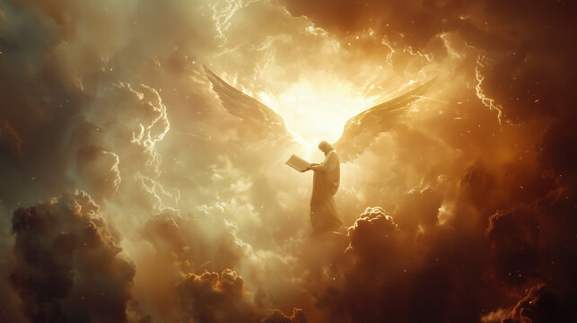 A heavenly vision of an angel descending amid radiant light and ethereal clouds to deliver God&rsquo;s message. The angel extends a scroll to a kneeling prophet, who gazes in awe at the divine revelation.