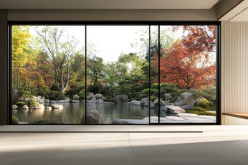 Modern room autumn garden view serene minimalist design