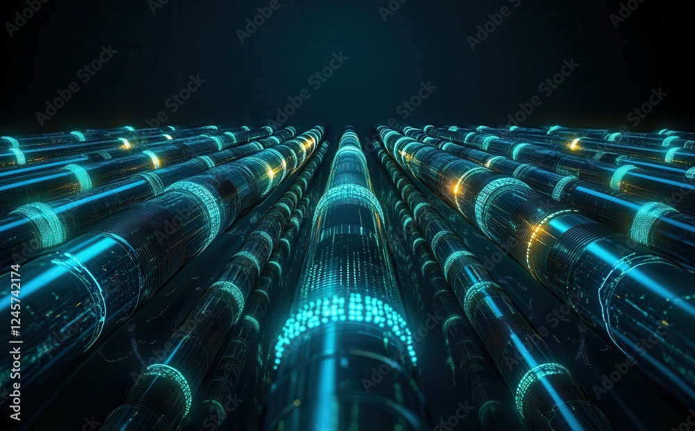 Poster futuristic abstract representation of glowing digital communication networks in a dark environment w