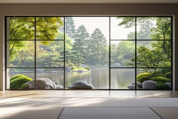 Zen garden view from minimalist room