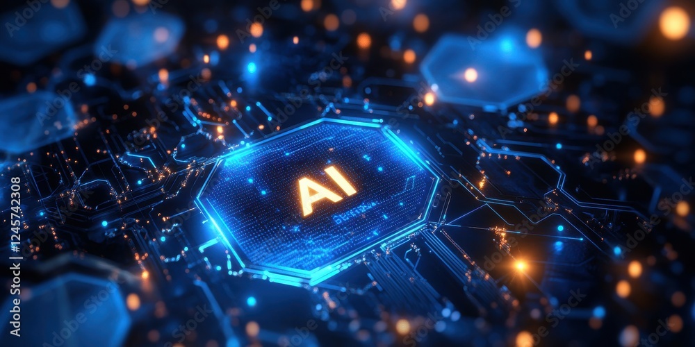 Poster futuristic abstract technology background with ai symbol and glowing circuit board elements represen