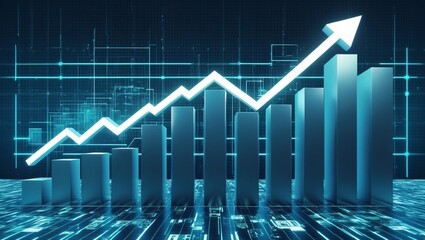 A futuristic D bar chart with tall, glowing columns and an upward trending arrow, hovering over a dark digital background filled with grid patterns