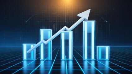 A futuristic D bar chart with tall, glowing columns and an upward trending arrow, hovering over a dark digital background filled with grid patterns