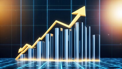 A futuristic D bar chart with tall, glowing columns and an upward trending arrow, hovering over a dark digital background filled with grid patterns