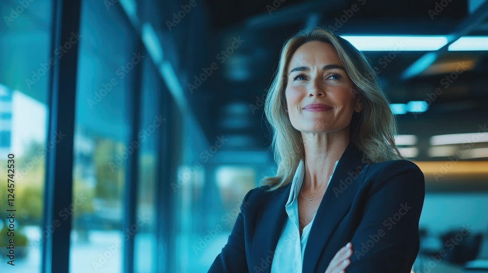 Sticker The image depicts a woman standing confidently against a glass wall in a modern office setting. She is dressed in business attire, wearing a dark blazer and white blouse. Her pose suggests an air of