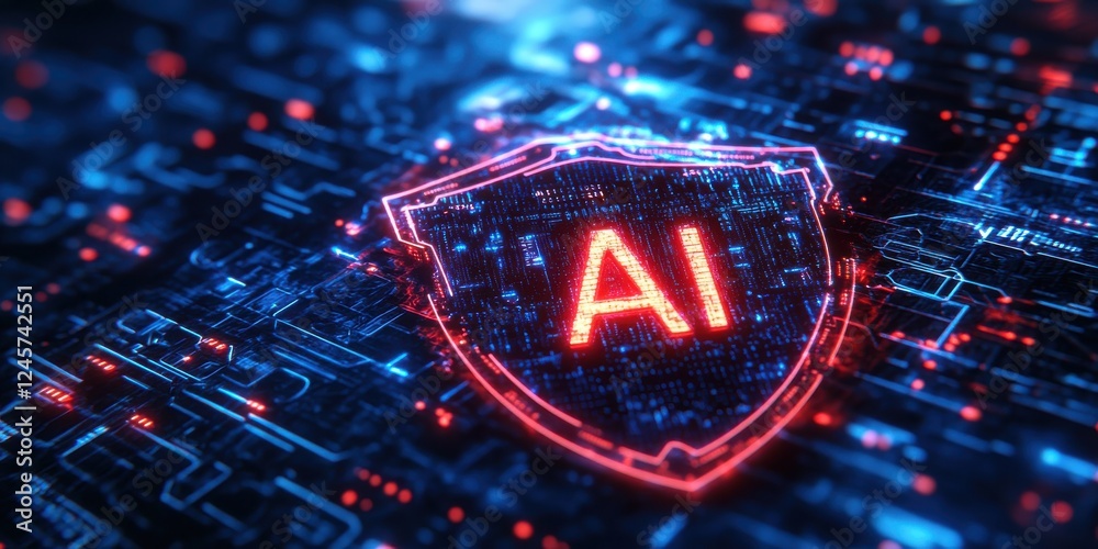 Poster futuristic ai security concept with neon shield on digital circuit background representing advanced 