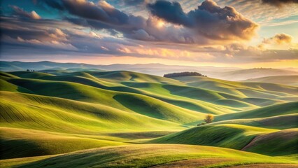 Obraz premium Serene Sunrise Over Rolling Green Hills, Bathed in Golden Light, A Solitary Tree Stands Sentinel in the Vast Undulating Landscape