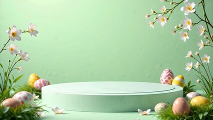 Green platform for the presentation of goods for Easter.