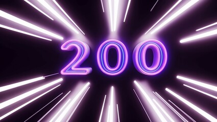 Glowing Digital Number 200 In Futuristic Style On A Dark Background With Light Streaks