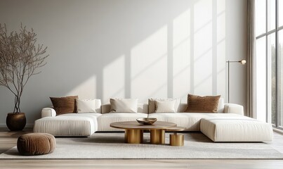 Minimalist Modern Living Room Design with Sectional Sofa and Gold Coffee Table in Scandinavian Style