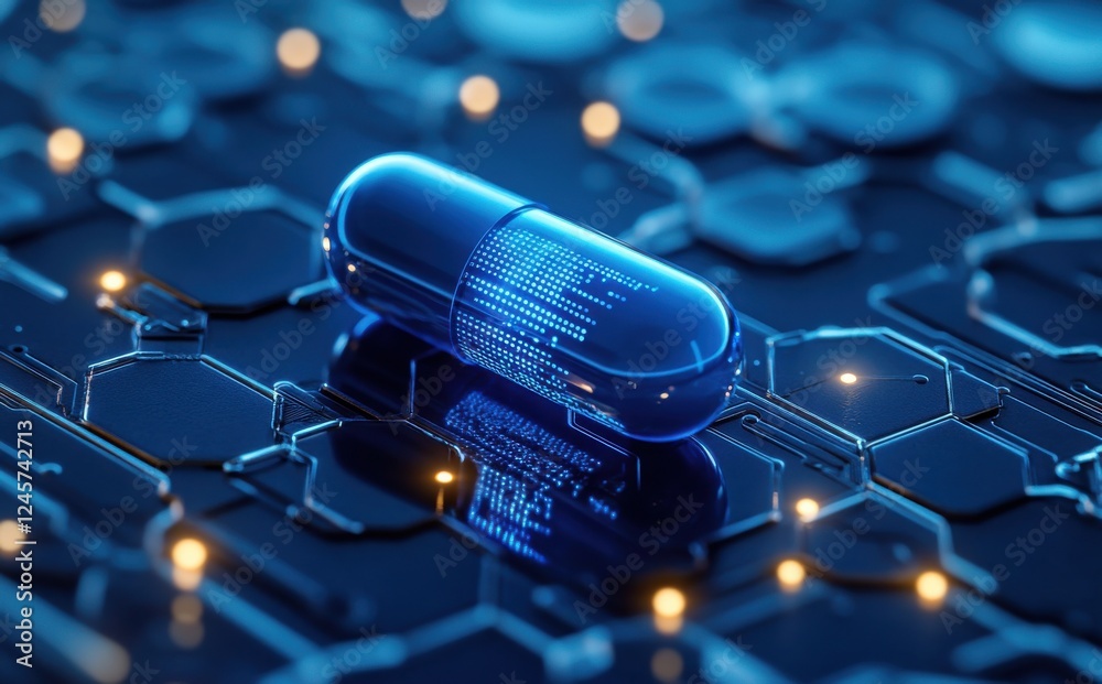 Poster futuristic blue capsule on abstract circuit background with glowing elements and digital patterns fo