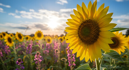 Fototapeta premium Sunflower field under sunshine: A vibrant field of sunflowers basks in the golden light of a bright summer day, creating a cheerful and captivating display of nature's beauty.