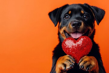 Obraz premium Cute rottweiler dog with sparkling rhinestones red heart - sign of love, funny greeting card. Marketing conceptual art. Rottweiler - my treasured dog. Valentine's dog stories. Love animals.