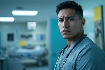 Fototapeta premium A man in a white coat stands with his arms crossed, exuding an air of authority and preparedness. The hospital environment is sterile and clinical, with medical equipment visible in the background.